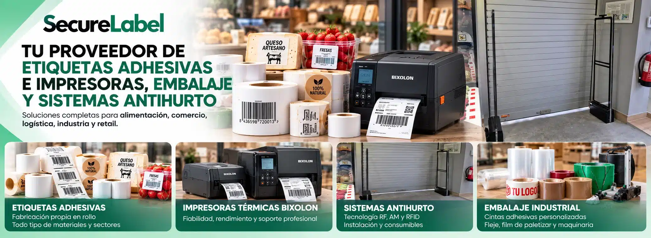 Banner de SecureLabel con etiquetas adhesivas en rollo, impresora térmica Bixolon, antenas antihurto y materiales de embalaje industrial.